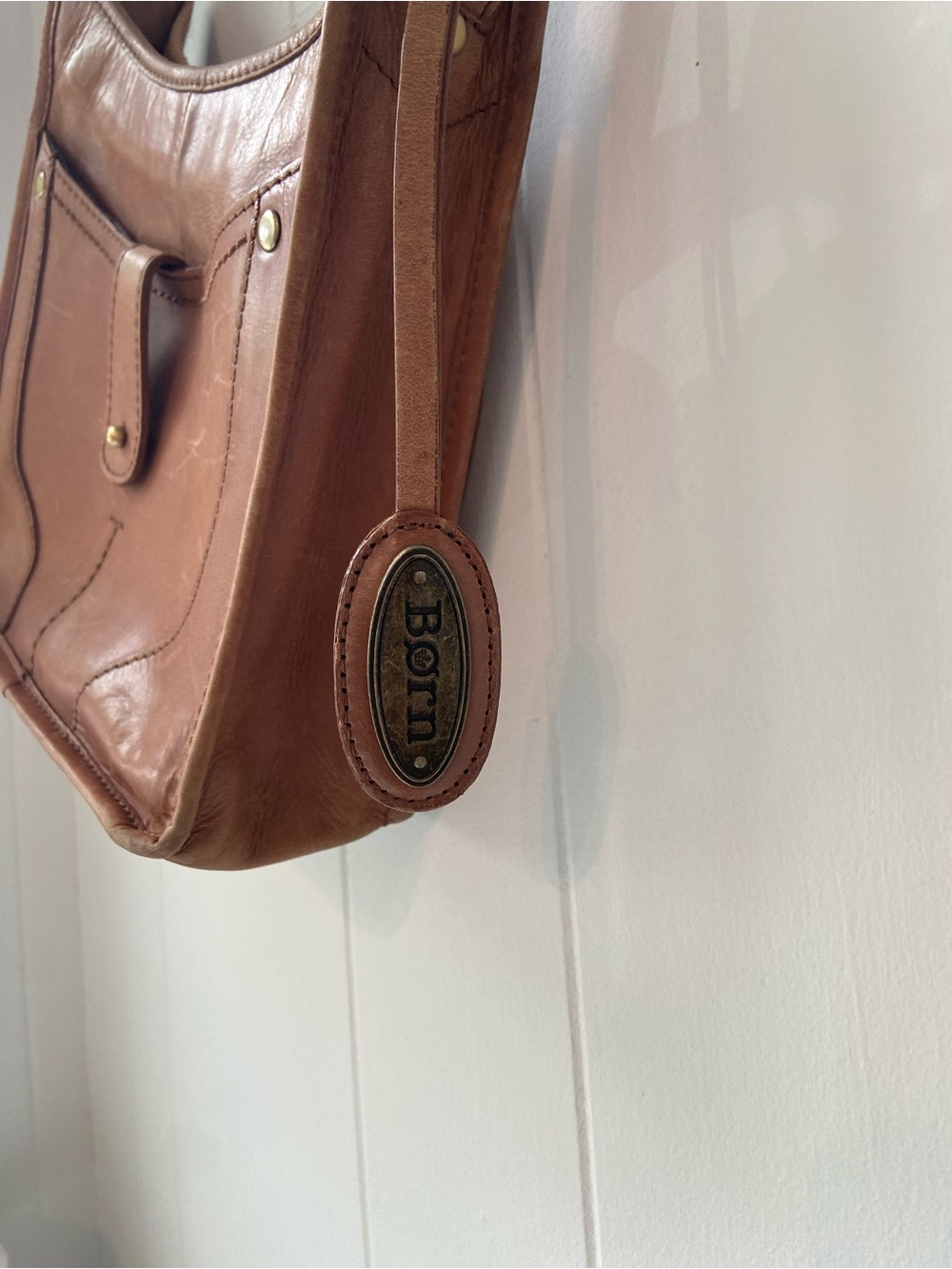 BORN Tan Leather Crossbody Distressed Hobo Bag - Picture 8 of 14